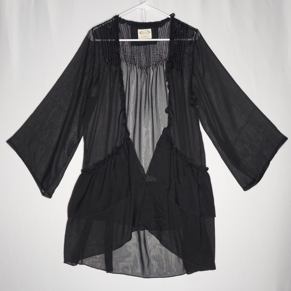 Mia Joy Folie Sheer Intimate Cardigan OSFM Women Black Sheer Beaded Ruffle 3/4
